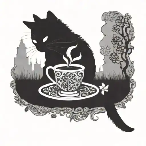 cat with a cup of tea celtic mandala siluette tattoo design idea