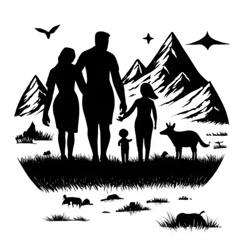 family tattoo, man, woman and one kid with mountain and animals drawing tattoo design idea
