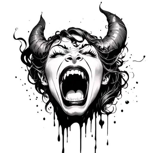 lilith black and white demon shouting blood splatter line art tattoo design idea