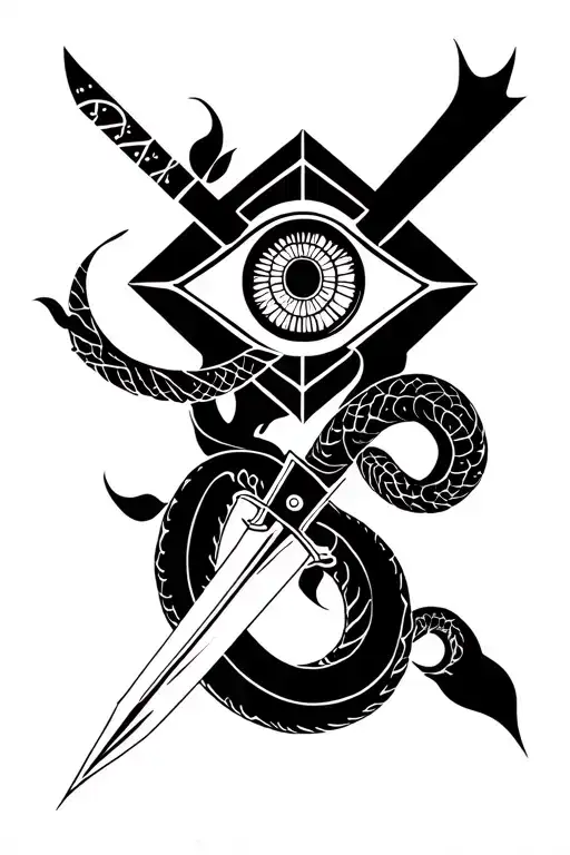 tatto of vision eye ,sword ,and snake in straight line tattoo design idea