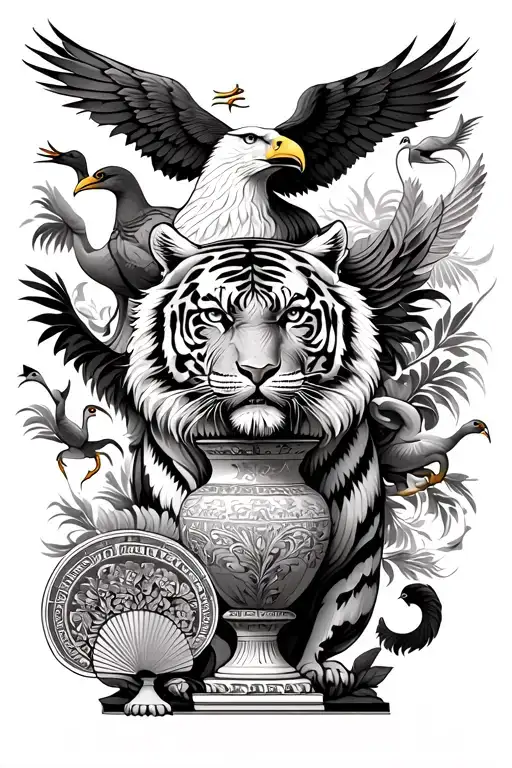 A patchwork style sleeve with a full length tiger, an eagle, a greek vase, greek god Atlas and a chinese fan with cranes tattoo design idea