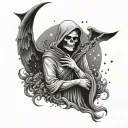 halfmoon, grim reaper, angel kiss grim reapers hand, stars in the sky tattoo design idea