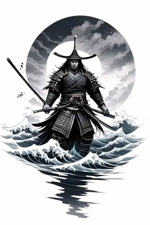 Japanese waves and samurai warrior tattoo design idea