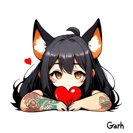 anime shy fox girl with tattoos stitching together a broken heart tattoo design idea