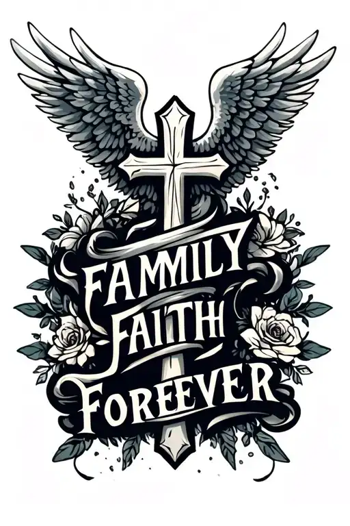 "Family Faith Forever" Cross Angel Wings wrapped loosely wrapped tattoo design idea