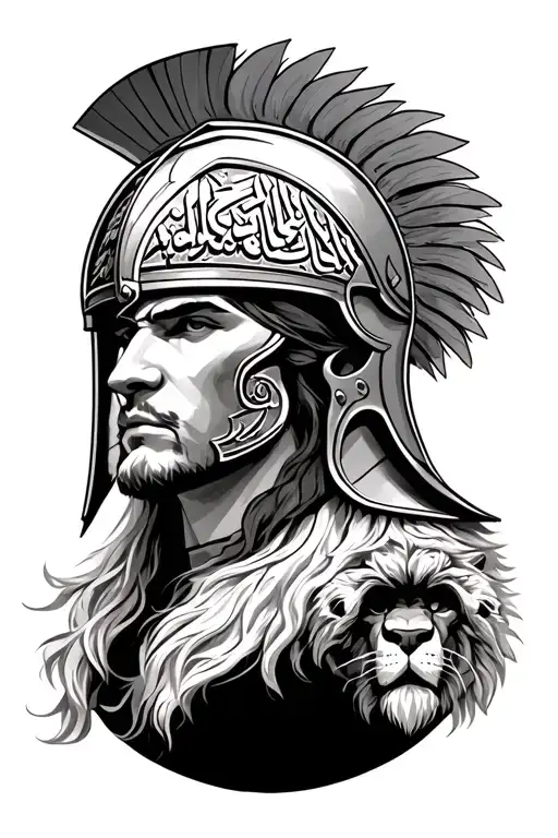 spartan warrior with a lion and Maria in Arabic on spartan helmet tattoo design idea