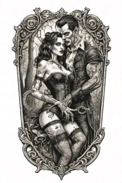 realistic scene in woods of a sexy gothic pinup girl waering corset and fishnets being bitten by a scary male vampire tattoo design idea