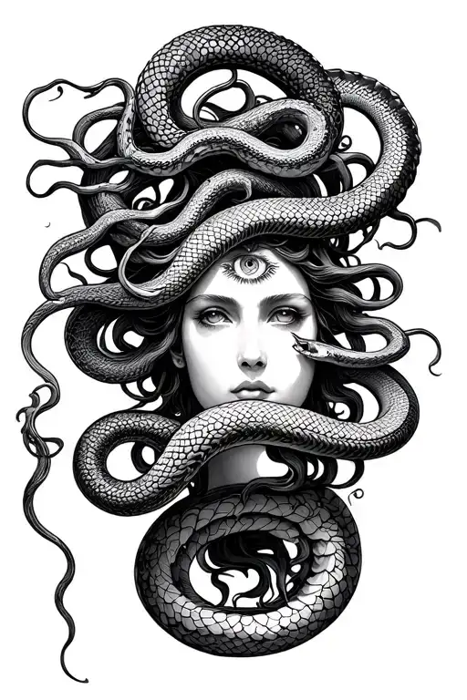 Medusa upright with her eye open while her snake gently coiling and Sporus  youthful face his eyes looking outword tattoo design idea