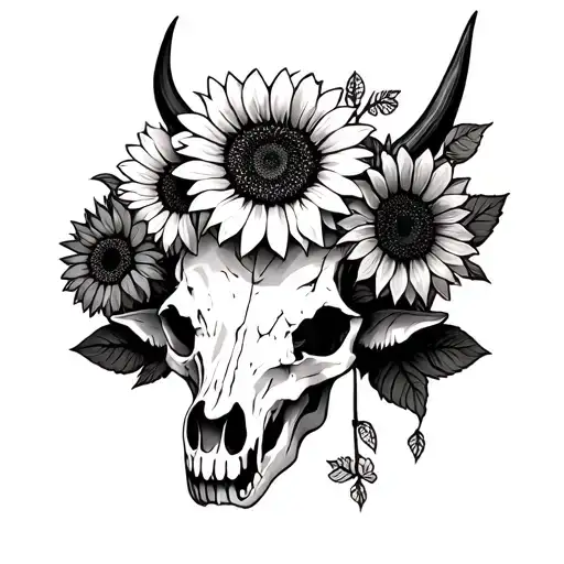 sunflower intertwined highland cow skull with flowers tattoo design idea