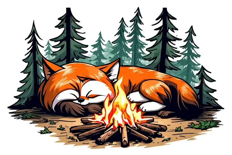 fox sleeping near a campfire in the woods tattoo design idea