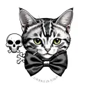 American traditional tattoo white and gray spotted cat biting bow tie with tiny cat skull with cross bones on bow tie tattoo design idea