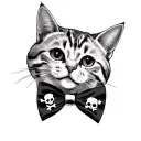 American traditional tattoo white and gray spotted cat biting bow tie with tiny cat skull with cross bones on bow tie tattoo design idea