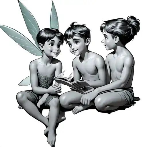 Tinkerbell talking with three young boys sitting together listening to tinkerbell. tattoo design idea