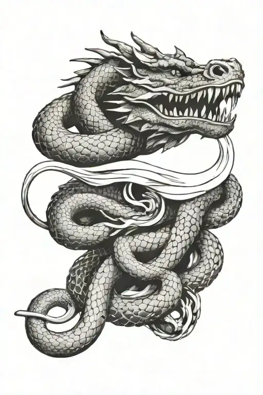 a dragon wrapped around a snake and an AK-47 in the middle tattoo design idea