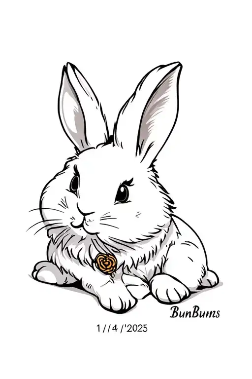"BunBuns" memory tattoo of small white and black lionhead rabbit lounging with the date 11/14/2025 in Roman numerals  tattoo design idea