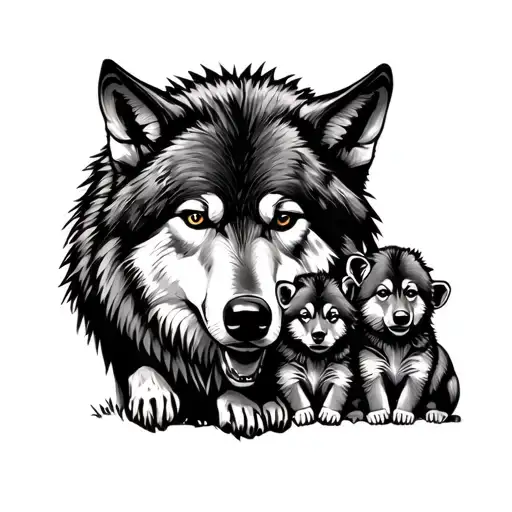 grandfather wolf with 3 female cubs tattoo design idea