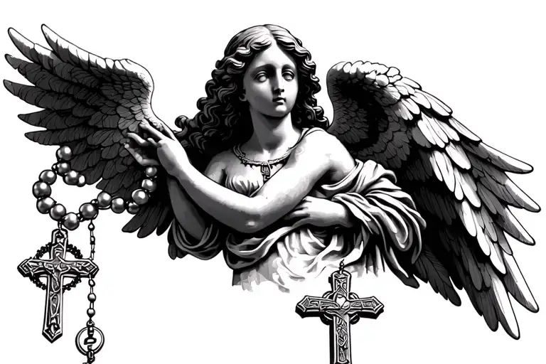 angel with catholic rosary tattoo design idea