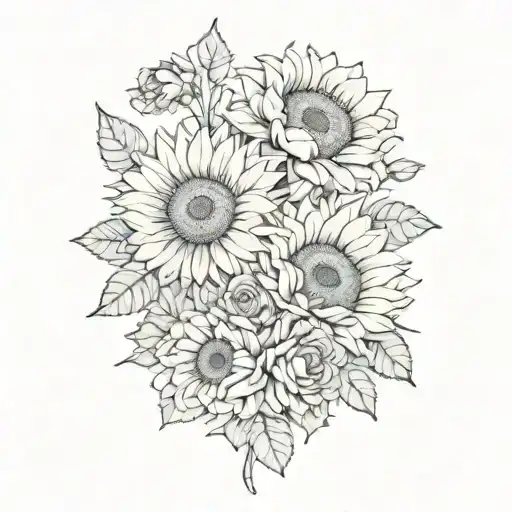 sunflowers with roses and chrysanthemums flower bouquet tattoo design idea