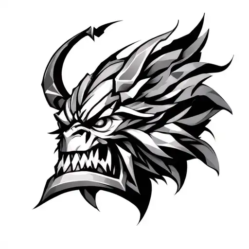 Hook Pudge Dota 2, cybercigilism style, neo-traditional elements, low-poly geometric patterns, blackwork tatt tattoo design idea