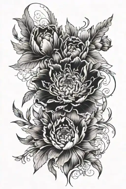 chrysanthemums, poppies, iris, violets, peony, and gladiolus.  tattoo design idea
