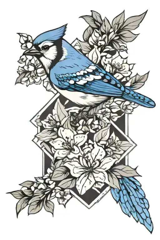 Blue jay bird flying, larkspur flower tattoo design idea