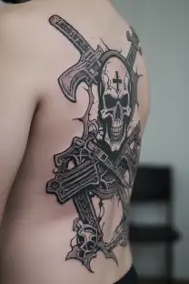 the Polish Fighting symbol with the Punisher skull and a cracked wall background in black and white with any additions tattoo design idea