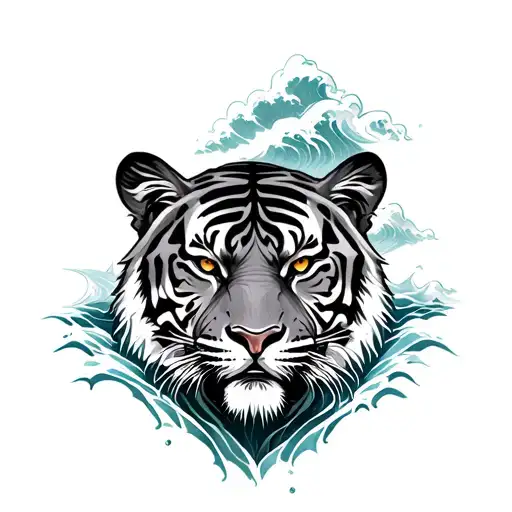 tiger and water waves crashing in the background tattoo design idea
