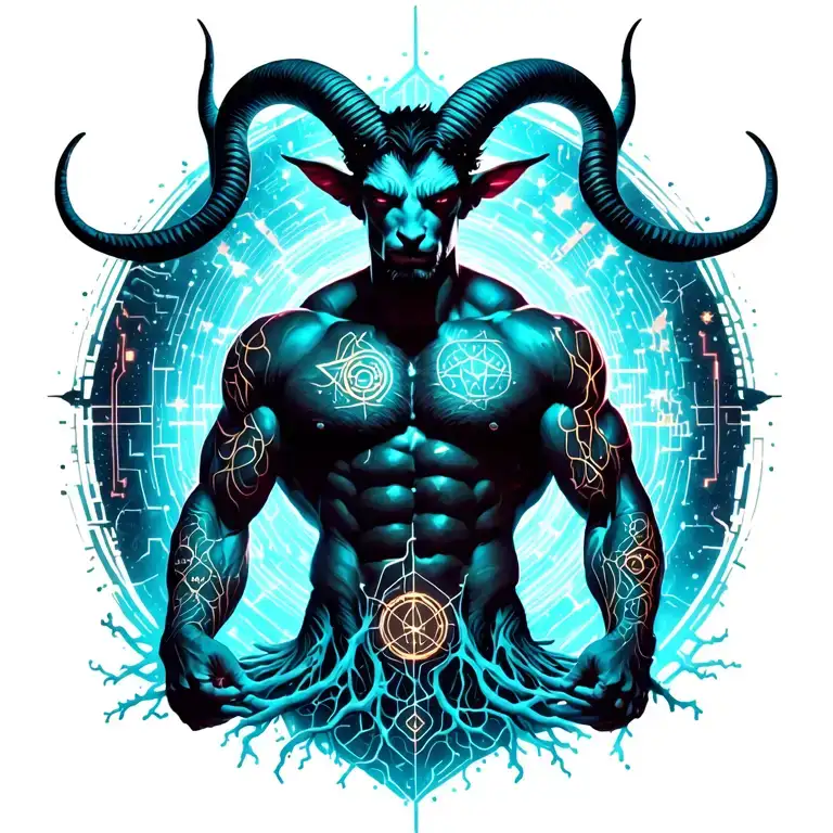 sexy gay male horned satyr with massive bodybuilder muscles. cyber tree roots, woodland animals and constellations tattoo design idea