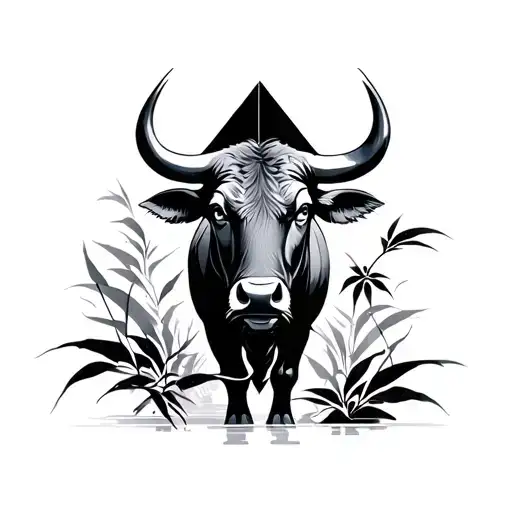 geometric fine line with water buffalo, bamboo, and crane tattoo design idea