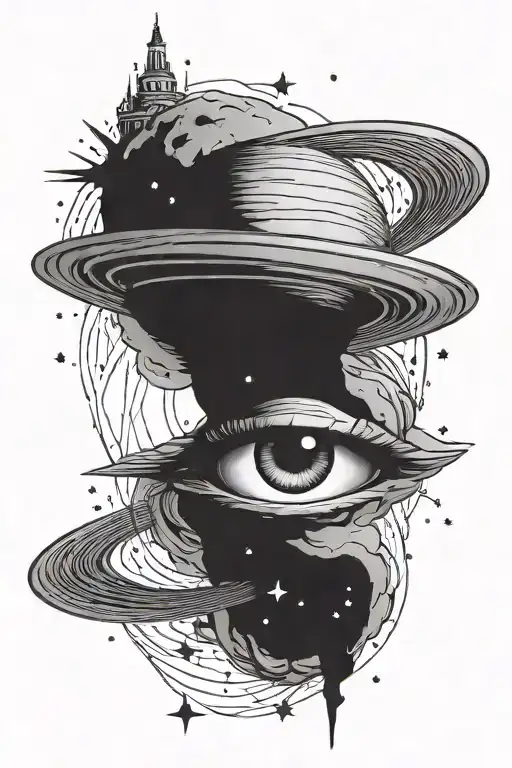 Giant Saturn with a woman's eye with eyelashes in front and stars around it tattoo design idea