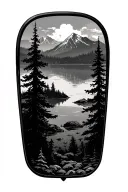 rear view car mirror reflecting a beautiful landscape inside (lake, trees, mountain) tattoo design idea