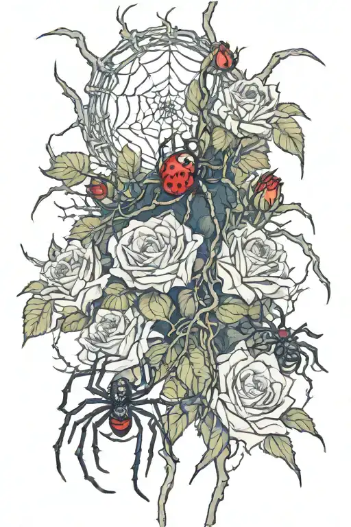 spiders crawling on vines attached to red bald dead roses  tattoo design idea