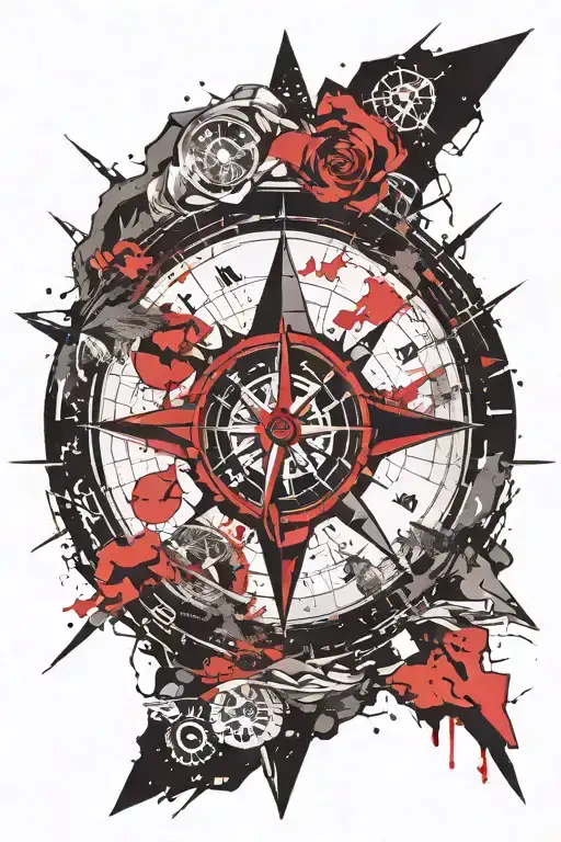 compass indicating initial, mountain, planet, triangular shape tattoo design idea