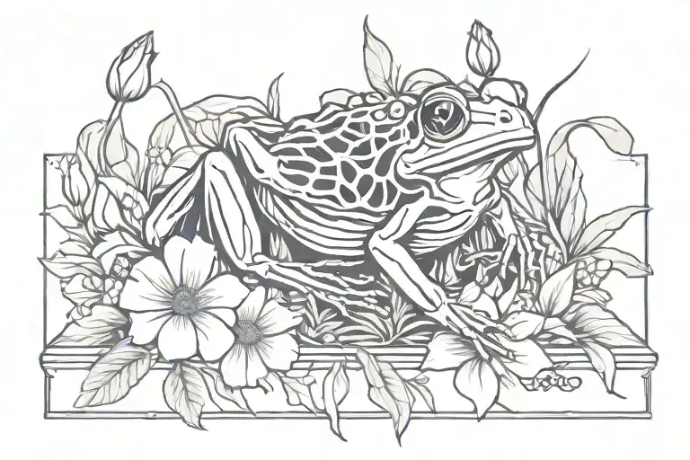 Symmetrical tree frog skeleton inside coffin outline surrounded by flowers tattoo design idea