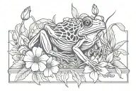 Symmetrical tree frog skeleton inside coffin outline surrounded by flowers tattoo design idea