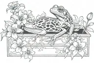 Symmetrical tree frog skeleton inside coffin outline surrounded by flowers tattoo design idea