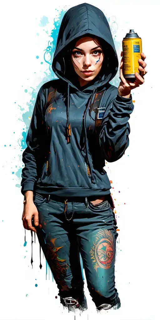 Cyberpunk girl hood holding spray painting can tattoo design idea