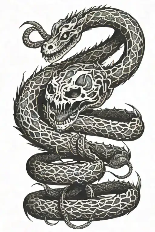 skeleton snake whose eyes are fire breathing dragon tattoo design idea