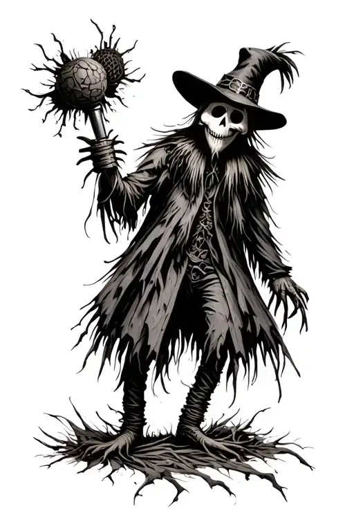 A gothic scarecrow with microphone tattoo design idea