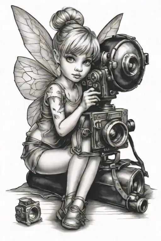 tinkerbell sitting holding a camera tattoo design idea