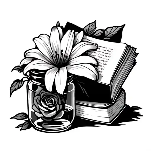 close up a book with a lily flower on its side with a daisy and rose in a mason jar tattoo design idea