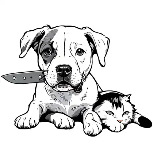 pit bull Australian shepherd puppy sits holding a knife by the handle in its mouth with bi-colored cat laying in at paws tattoo design idea