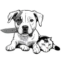 pit bull Australian shepherd puppy sits holding a knife by the handle in its mouth with bi-colored cat laying in at paws tattoo design idea