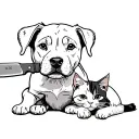 pit bull Australian shepherd puppy sits holding a knife by the handle in its mouth with bi-colored cat laying in at paws tattoo design idea