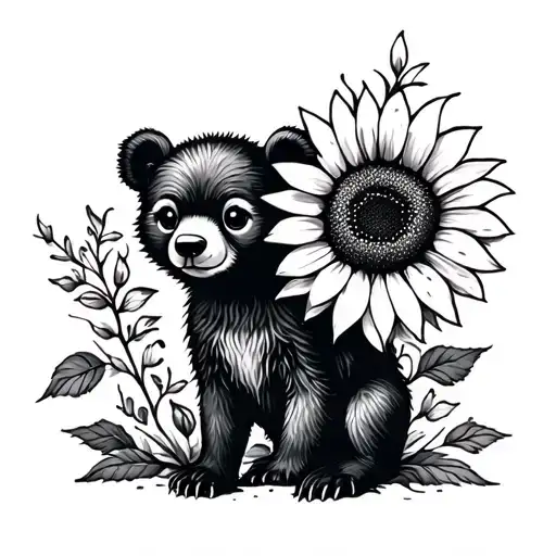 cute bear cub and sunflower tattoo design idea
