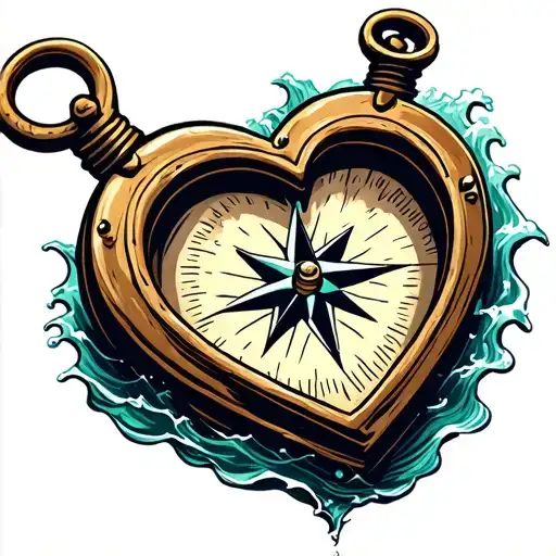 heart shaped compass in rough seas tattoo design idea
