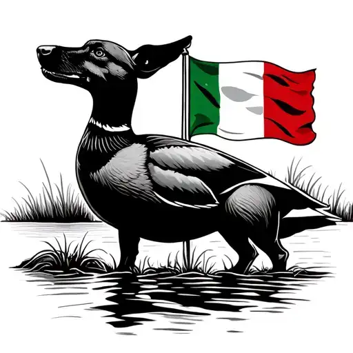 duck hunting scene featuring a dog silhouette with Italian flag and American flag tattoo design idea