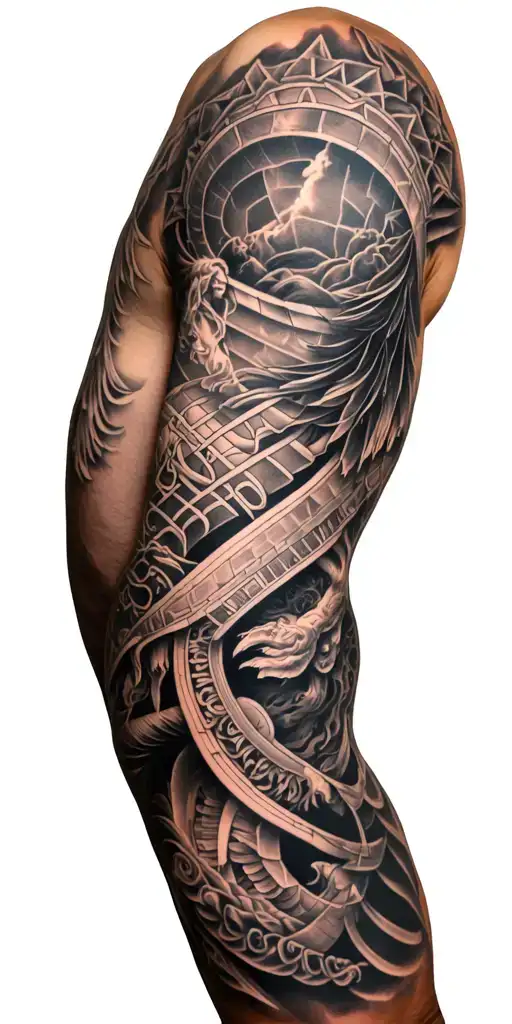 Right arm tattoo sleeve, heavy greek mythology.  No people or human looking faces.  Light shading to fill in gaps. tattoo design idea