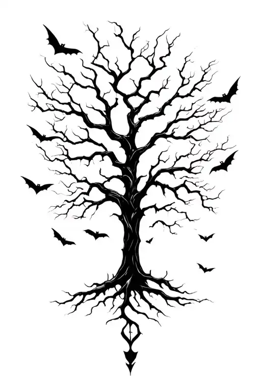 gothic tree with bats flying across tattoo design idea