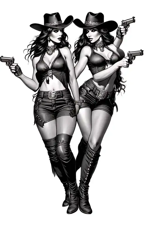 two women in western cowboy styled outfits that are dueling with pistols. one woman is falling backwards tattoo design idea
